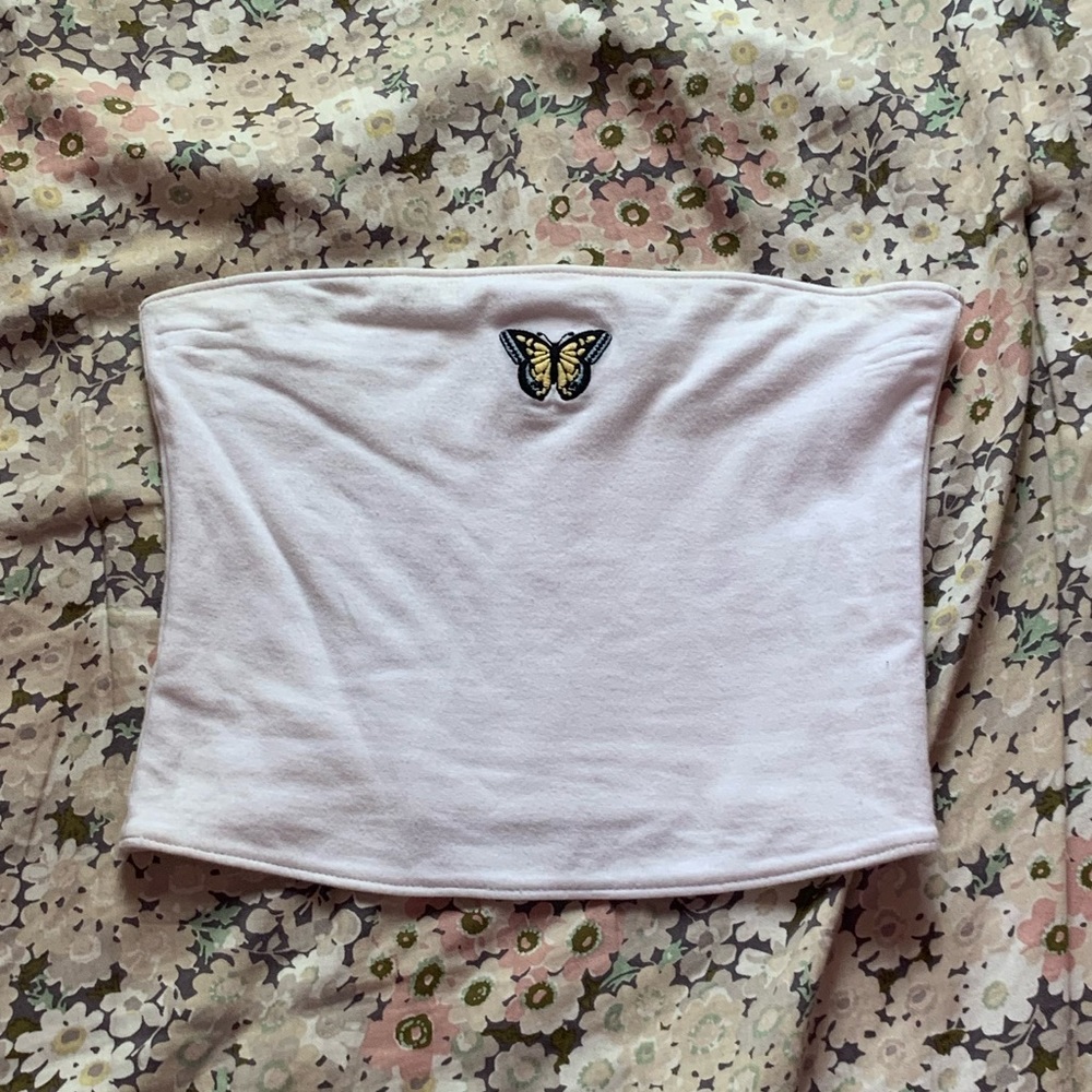 Hollister White Tube Top with Embroidered Butterfly